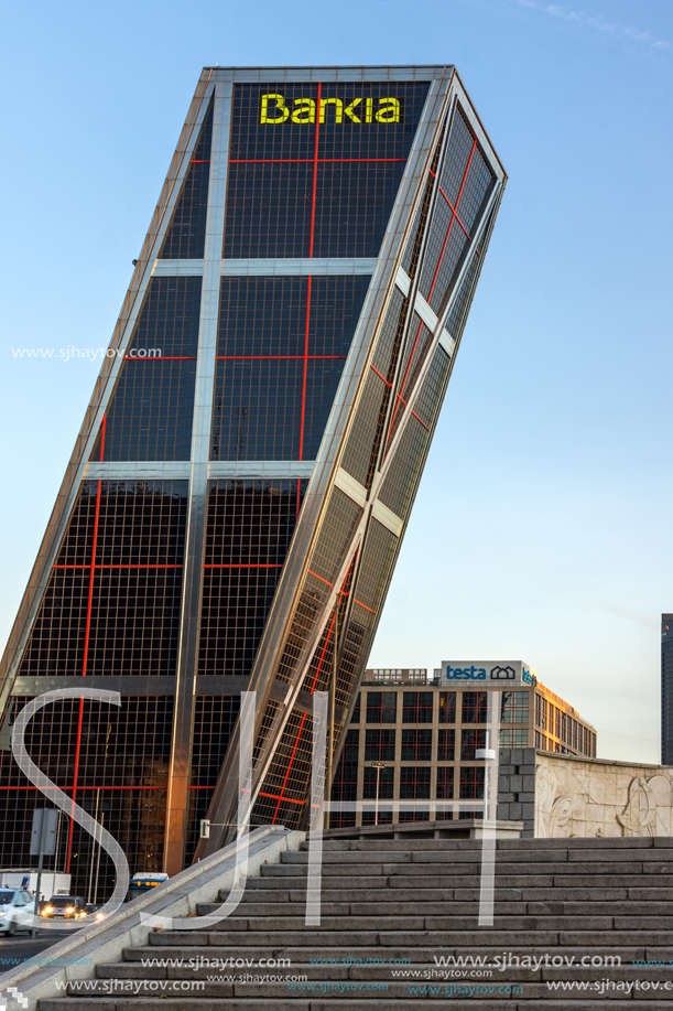 MADRID, SPAIN - JANUARY 23, 2018:  Sunrise view of Gate of Europe (KIO Towers) at Paseo de la Castellana street in City of Madrid, Spain
