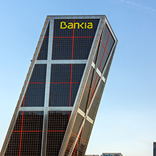 MADRID, SPAIN - JANUARY 23, 2018:  Sunrise view of Gate of Europe (KIO Towers) at Paseo de la Castellana street in City of Madrid, Spain