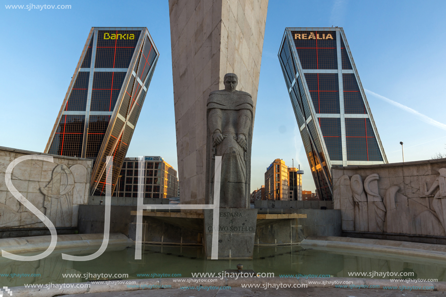 MADRID, SPAIN - JANUARY 23, 2018:  Sunrise view of Gate of Europe (KIO Towers) at Paseo de la Castellana street in City of Madrid, Spain