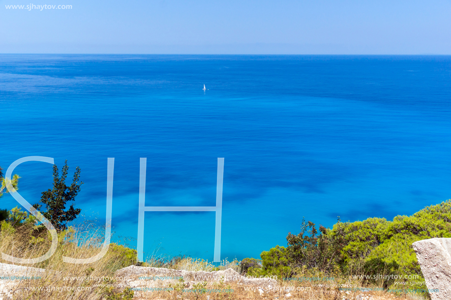 Panoramic view of Kokkinos Vrachos Beach with blue waters, Lefkada, Ionian Islands, Greece