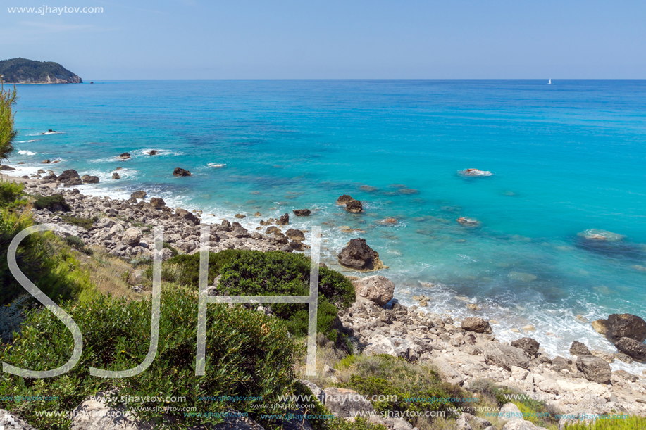 Panoramic view of Agios Nikitas Beach with blue waters, Lefkada, Ionian Islands, Greece