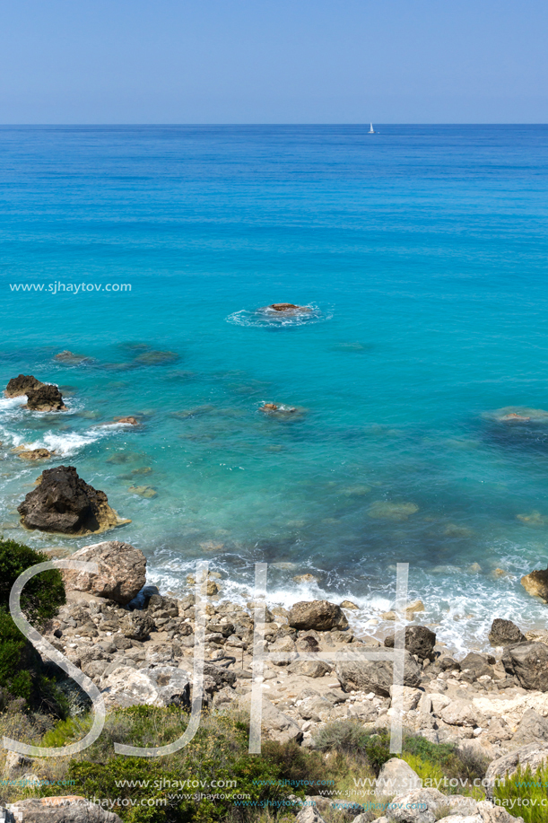 Panoramic view of Agios Nikitas Beach with blue waters, Lefkada, Ionian Islands, Greece