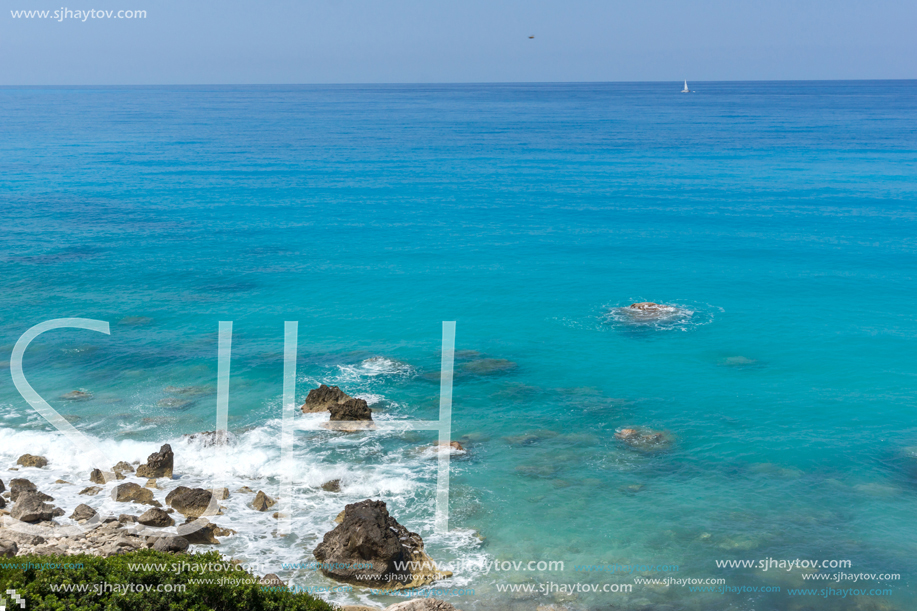 Panoramic view of Agios Nikitas Beach with blue waters, Lefkada, Ionian Islands, Greece