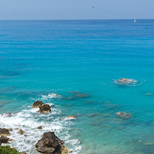 Panoramic view of Agios Nikitas Beach with blue waters, Lefkada, Ionian Islands, Greece