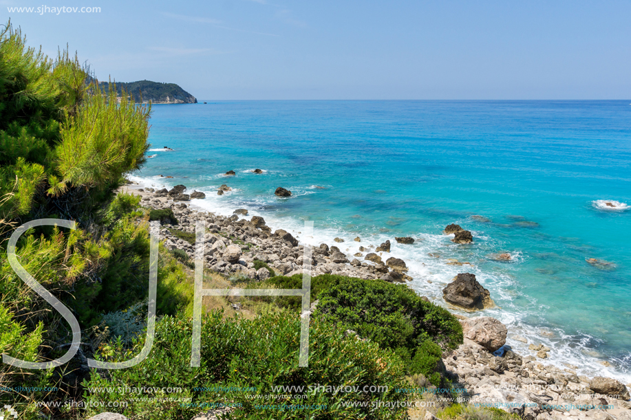 Panoramic view of Agios Nikitas Beach with blue waters, Lefkada, Ionian Islands, Greece