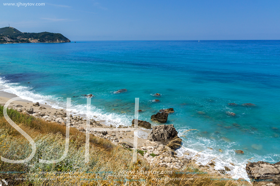 Panoramic view of Agios Nikitas Beach with blue waters, Lefkada, Ionian Islands, Greece