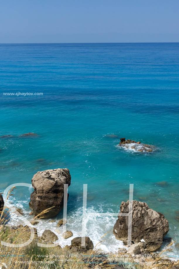 Panoramic view of Agios Nikitas Beach with blue waters, Lefkada, Ionian Islands, Greece