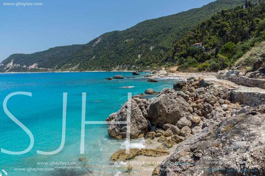 Panoramic view of Agios Nikitas Beach with blue waters, Lefkada, Ionian Islands, Greece