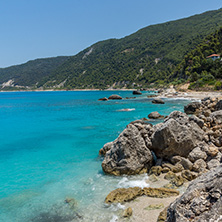 Panoramic view of Agios Nikitas Beach with blue waters, Lefkada, Ionian Islands, Greece