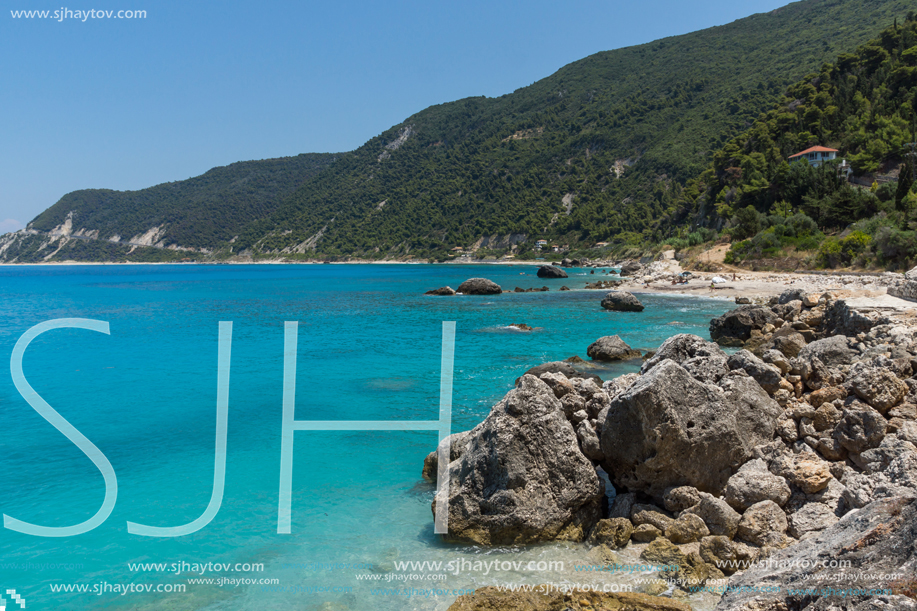 Panoramic view of Agios Nikitas Beach with blue waters, Lefkada, Ionian Islands, Greece