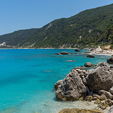 Panoramic view of Agios Nikitas Beach with blue waters, Lefkada, Ionian Islands, Greece