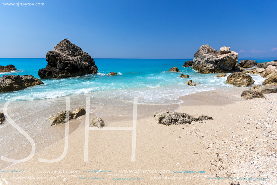 Amazing landscape of blue waters of Megali Petra Beach, Lefkada, Ionian Islands, Greece