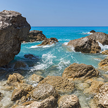 Amazing landscape of blue waters of Megali Petra Beach, Lefkada, Ionian Islands, Greece