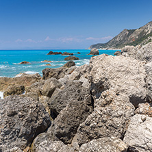Amazing landscape of blue waters of Megali Petra Beach, Lefkada, Ionian Islands, Greece