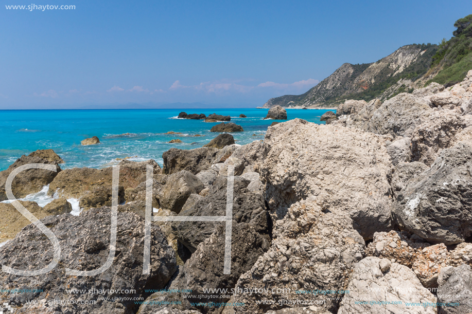 Amazing landscape of blue waters of Megali Petra Beach, Lefkada, Ionian Islands, Greece