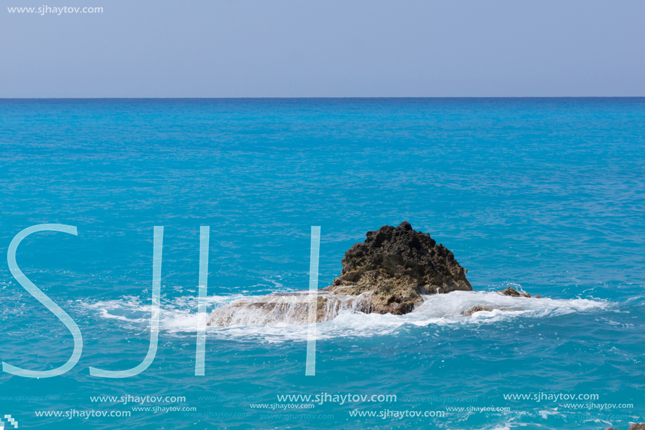 Amazing landscape of blue waters of Megali Petra Beach, Lefkada, Ionian Islands, Greece