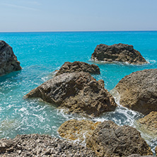 Amazing landscape of blue waters of Megali Petra Beach, Lefkada, Ionian Islands, Greece