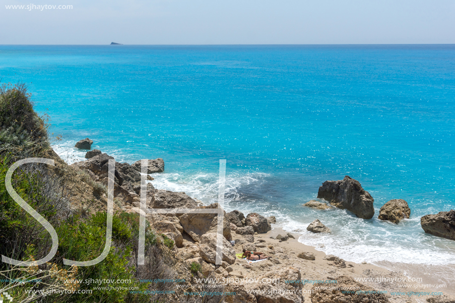 Amazing landscape of blue waters of Megali Petra Beach, Lefkada, Ionian Islands, Greece