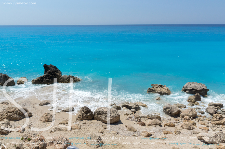 Amazing landscape of blue waters of Megali Petra Beach, Lefkada, Ionian Islands, Greece