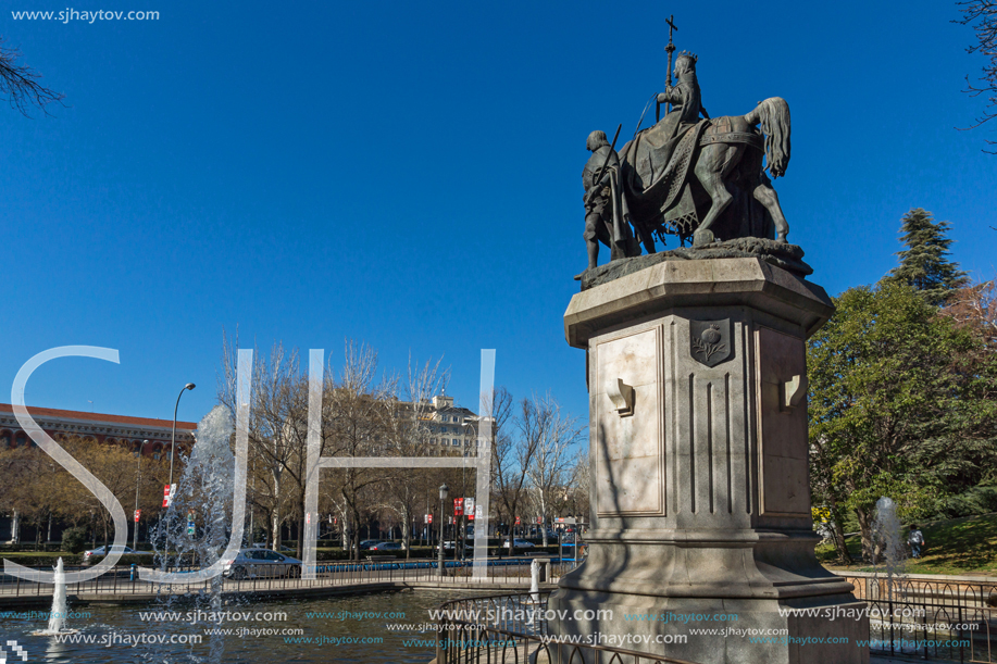 MADRID, SPAIN - JANUARY 21, 2018: Monument to Queen Isabella I the Catholic at Paseo de la Castellana street in City of Madrid, Spain