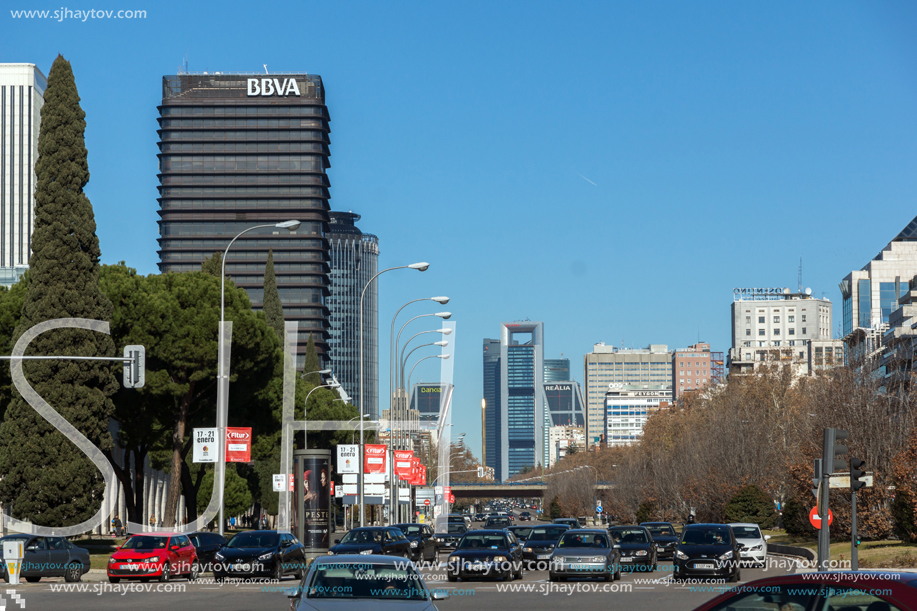 MADRID, SPAIN - JANUARY 21, 2018:  Business buildings at Paseo de la Castellana street in City of Madrid, Spain