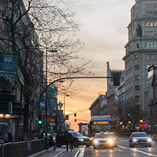 MADRID, SPAIN - JANUARY 23, 2018:  Sunset view of Alcala street in City of Madrid, Spain