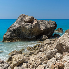 Amazing seascape of blue waters of Megali Petra Beach, Lefkada, Ionian Islands, Greece