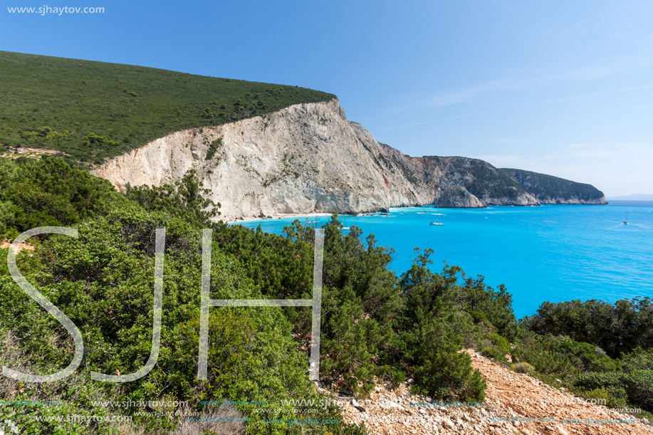 Amazing seascape of blue waters of Porto Katsiki Beach, Lefkada, Ionian Islands, Greece