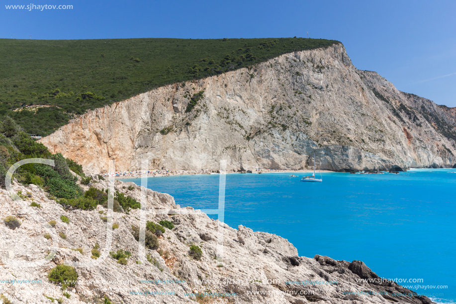 Amazing seascape of blue waters of Porto Katsiki Beach, Lefkada, Ionian Islands, Greece