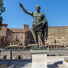 ROME, ITALY - JUNE 23, 2017: Amazing view of Augustus Forum and statue in city of Rome, Italy
