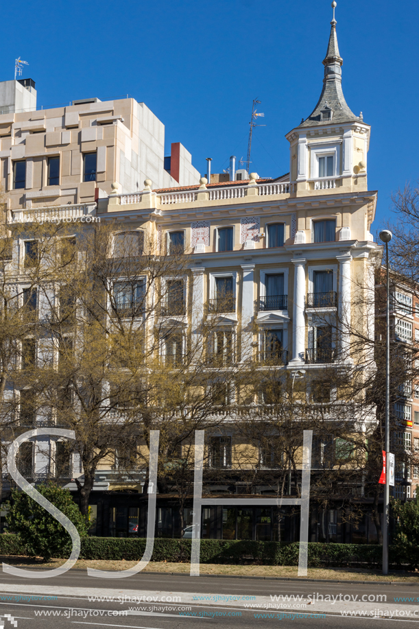 MADRID, SPAIN - JANUARY 21, 2018: Buildings at Paseo de la Castellana street in City of Madrid, Spain