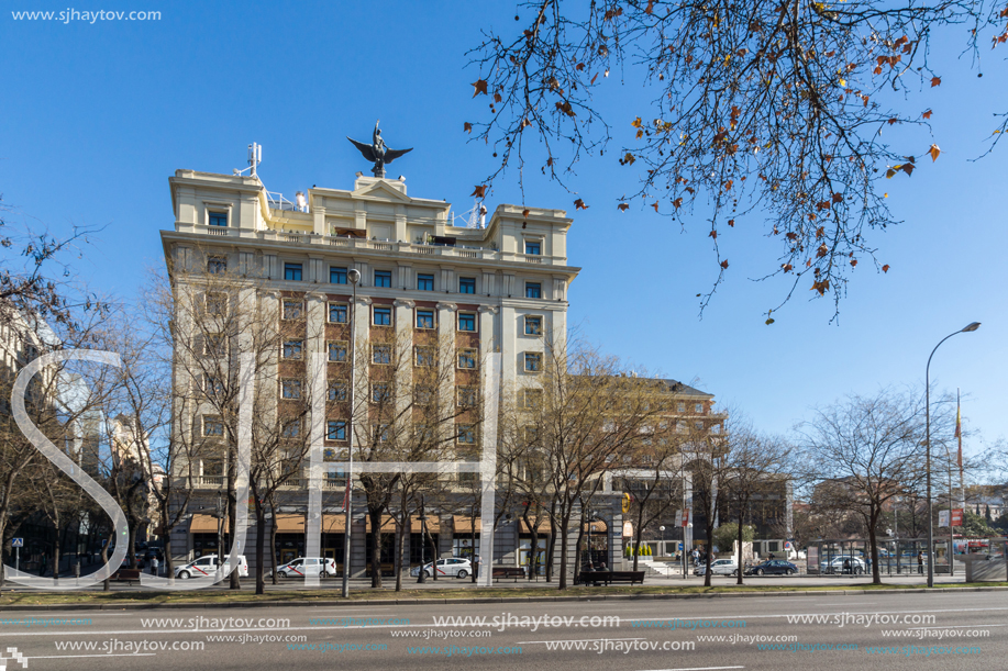 MADRID, SPAIN - JANUARY 21, 2018: Buildings at Paseo de la Castellana street in City of Madrid, Spain