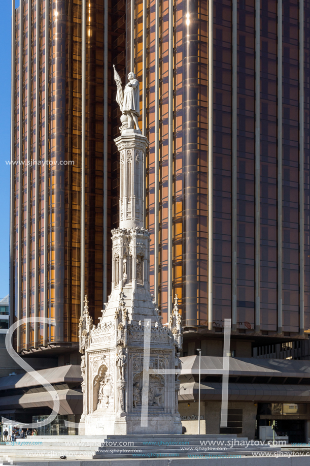 MADRID, SPAIN - JANUARY 21, 2018: Monument to Columbus and Columbus towers at Plaza de Colon in City of Madrid, Spain