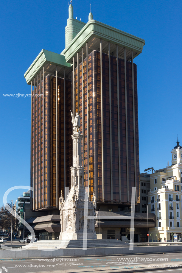 MADRID, SPAIN - JANUARY 21, 2018: Monument to Columbus and Columbus towers at Plaza de Colon in City of Madrid, Spain