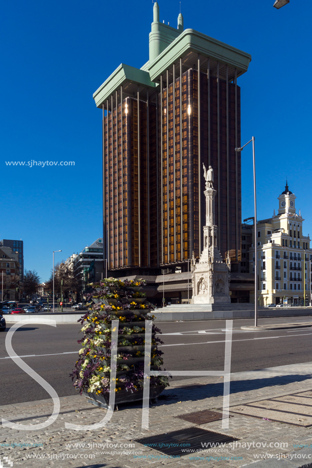 MADRID, SPAIN - JANUARY 21, 2018: Monument to Columbus and Columbus towers at Plaza de Colon in City of Madrid, Spain