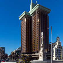 MADRID, SPAIN - JANUARY 21, 2018: Monument to Columbus and Columbus towers at Plaza de Colon in City of Madrid, Spain