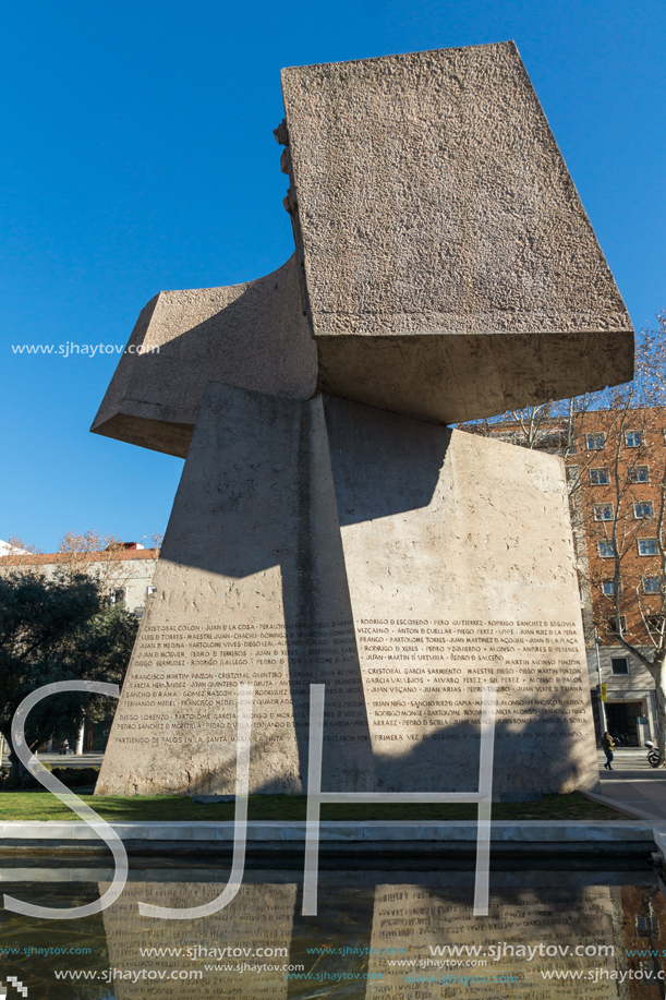 MADRID, SPAIN - JANUARY 21, 2018: Monument to Jorge Juan and Santacilia at Plaza de Colon in City of Madrid, Spain