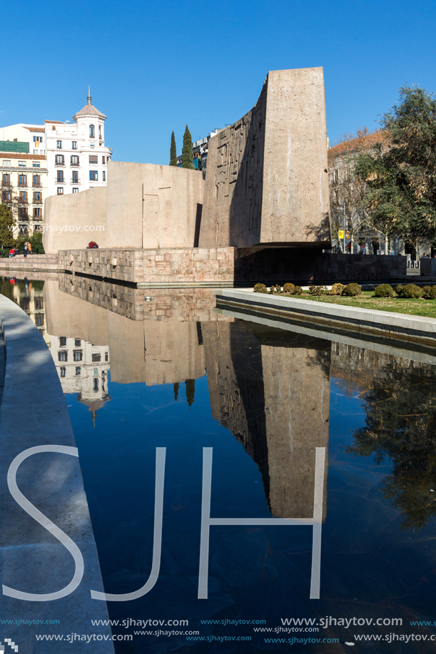 MADRID, SPAIN - JANUARY 21, 2018: Monument to Jorge Juan and Santacilia at Plaza de Colon in City of Madrid, Spain