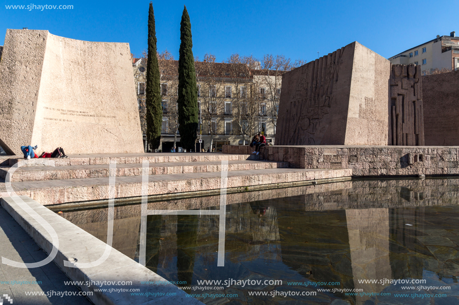 MADRID, SPAIN - JANUARY 21, 2018: Monument to Jorge Juan and Santacilia at Plaza de Colon in City of Madrid, Spain