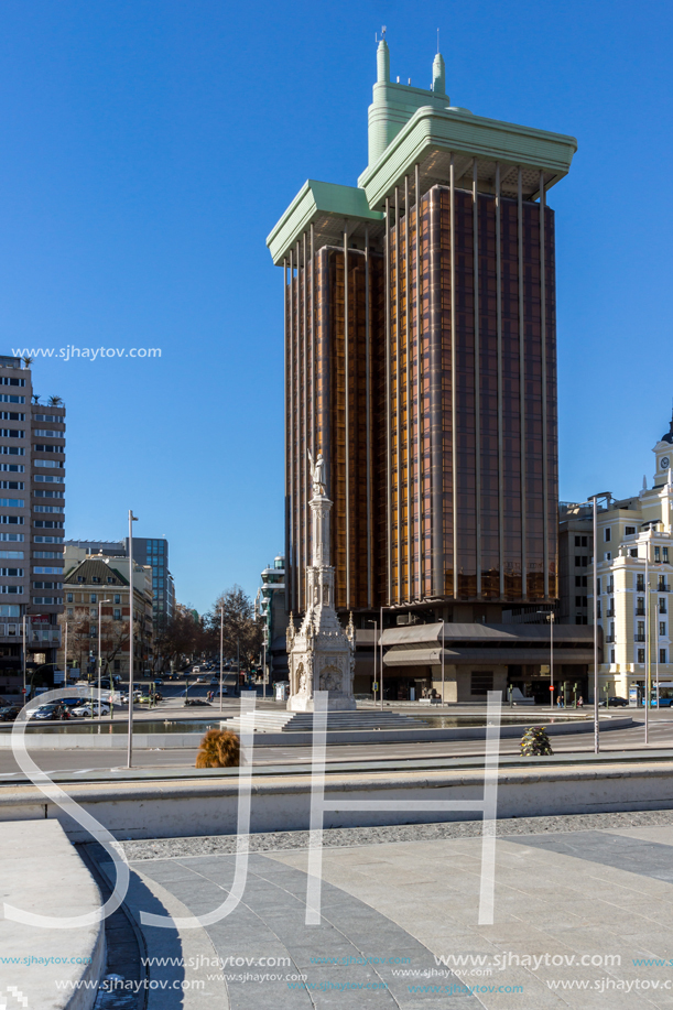 MADRID, SPAIN - JANUARY 21, 2018: Monument to Columbus and Columbus towers at Plaza de Colon in City of Madrid, Spain
