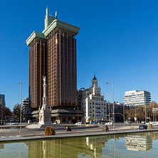 MADRID, SPAIN - JANUARY 21, 2018: Monument to Columbus and Columbus towers at Plaza de Colon in City of Madrid, Spain