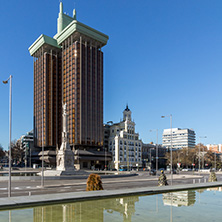 MADRID, SPAIN - JANUARY 21, 2018: Monument to Columbus and Columbus towers at Plaza de Colon in City of Madrid, Spain