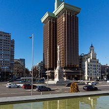 MADRID, SPAIN - JANUARY 21, 2018: Monument to Columbus and Columbus towers at Plaza de Colon in City of Madrid, Spain