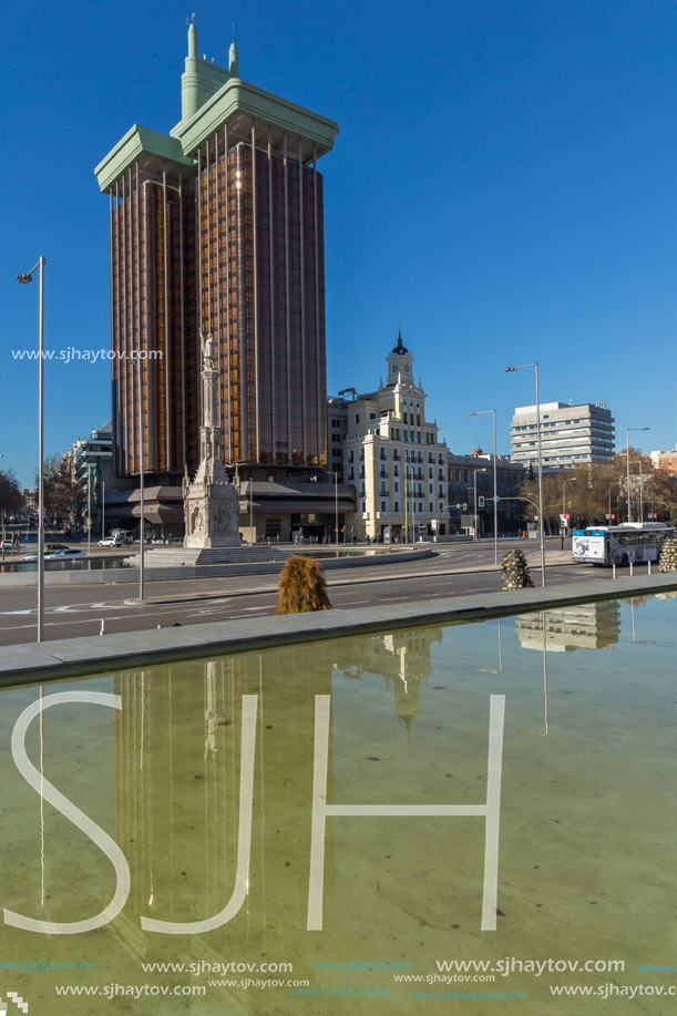MADRID, SPAIN - JANUARY 21, 2018: Monument to Columbus and Columbus towers at Plaza de Colon in City of Madrid, Spain