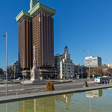 MADRID, SPAIN - JANUARY 21, 2018: Monument to Columbus and Columbus towers at Plaza de Colon in City of Madrid, Spain