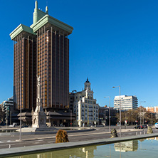 MADRID, SPAIN - JANUARY 21, 2018: Monument to Columbus and Columbus towers at Plaza de Colon in City of Madrid, Spain