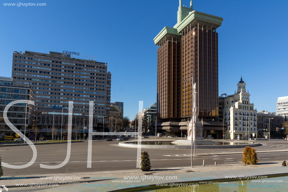 MADRID, SPAIN - JANUARY 21, 2018: Monument to Columbus and Columbus towers at Plaza de Colon in City of Madrid, Spain