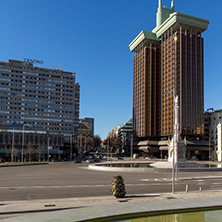 MADRID, SPAIN - JANUARY 21, 2018: Monument to Columbus and Columbus towers at Plaza de Colon in City of Madrid, Spain