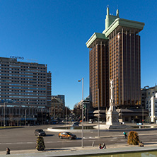 MADRID, SPAIN - JANUARY 21, 2018: Monument to Columbus and Columbus towers at Plaza de Colon in City of Madrid, Spain