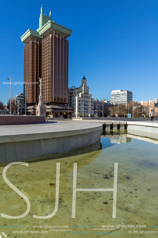 MADRID, SPAIN - JANUARY 21, 2018: Monument to Columbus and Columbus towers at Plaza de Colon in City of Madrid, Spain